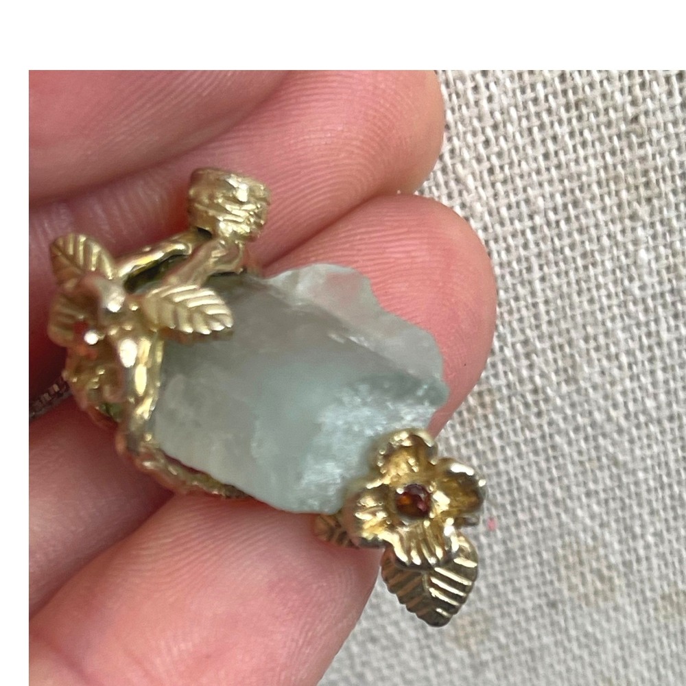 Aquamarine Pendant Necklace Sterling Silver 925 Gold Vermeil Leaf Branch 17" - Picture 7 of 10